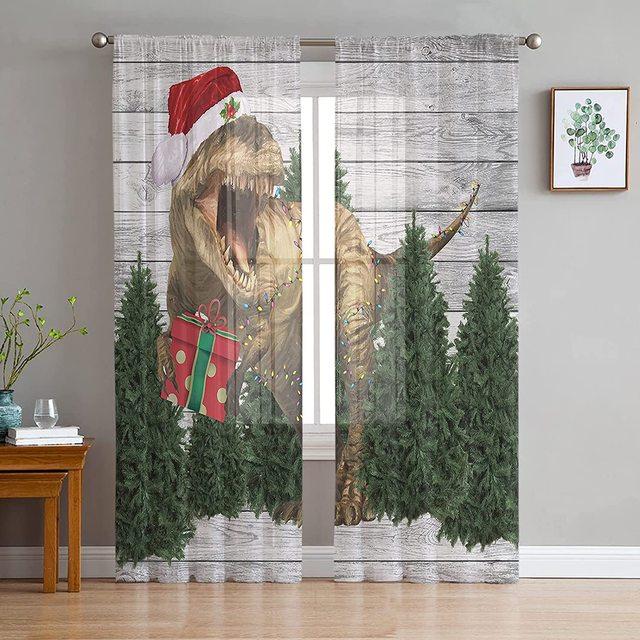 Merry Christmas Dinosaur Santa Claus Snowflake Sheer Voile Curtain Window Treatment For Living Room Party Backdrop Tulle Curtain