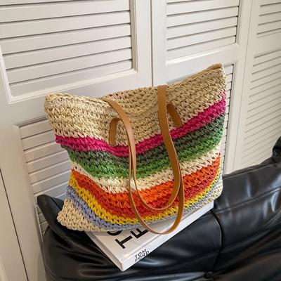 Bolsos de hombro informales de gran capacidad con trenza de paja, bolsos de moda de color arcoíris para mujer, bolsas femeninas de alta calidad