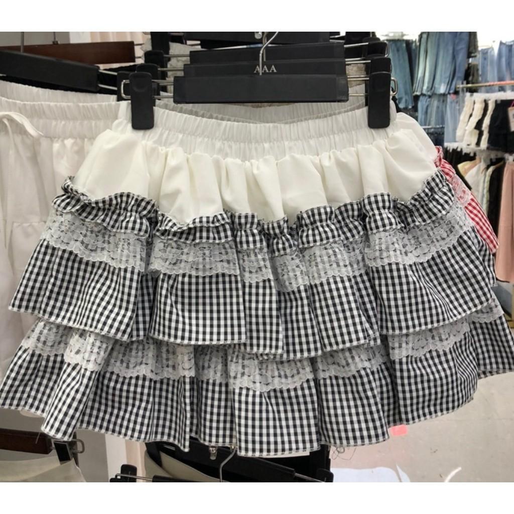 

Qooth Summer Pleated Lace Checkered Sweet Mini Ruffle Skirt Tiered Elastic Waist Bud Skirt QT2625 серый