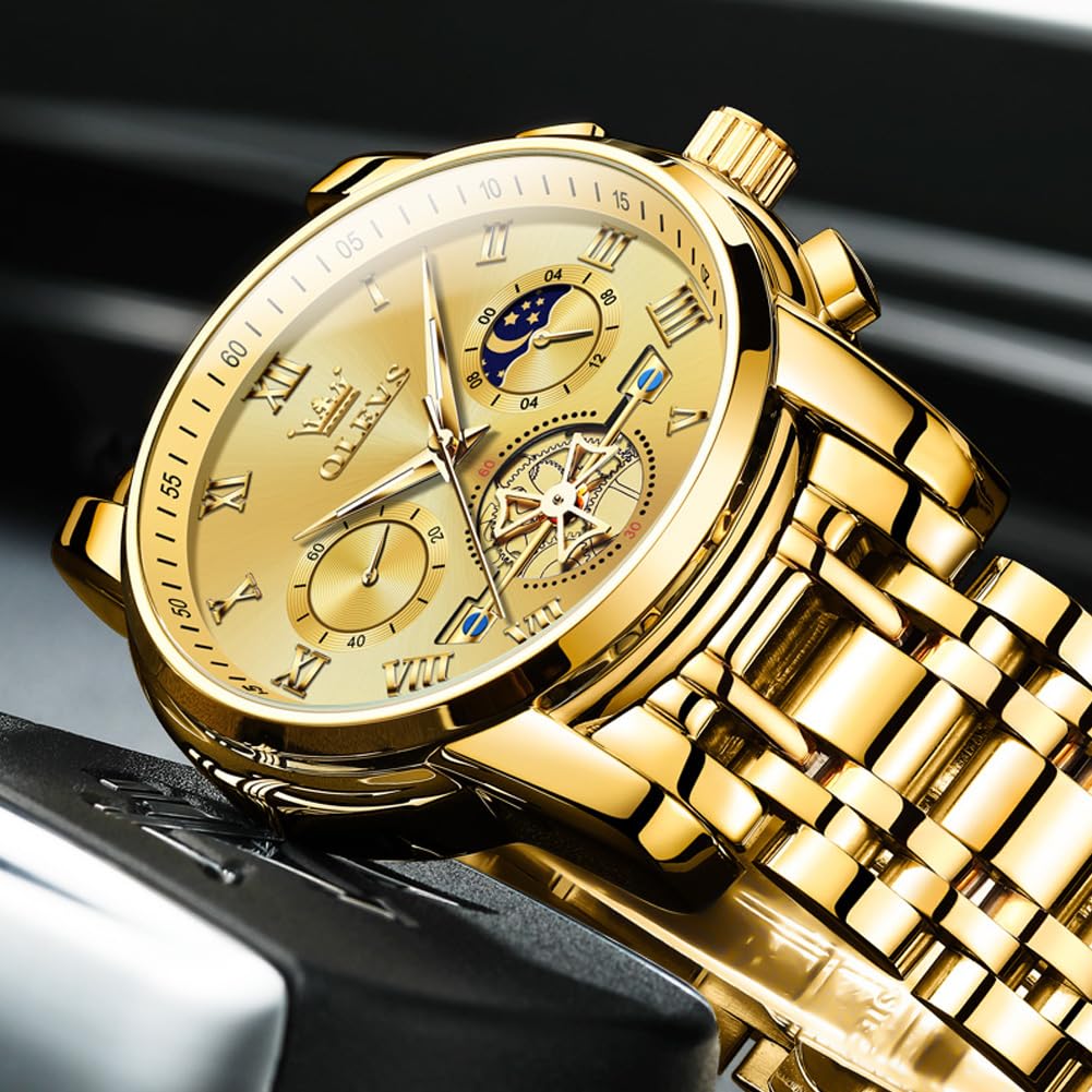 OLEVS Men's Stylish Chronograph Watch, Popular Brand for Business, Large, Easy-to-Read Analog, Waterproof Quartz Wristwatch (Gold)