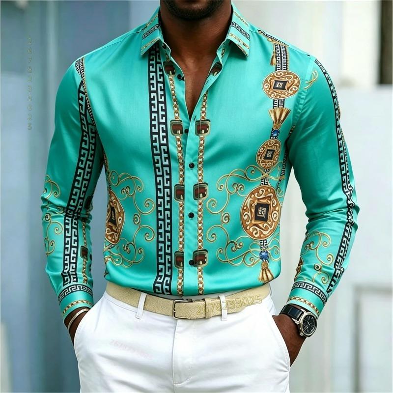 New Men's Shirt Palace Style Shirt Black Gold Pattern Printed Slimming Long Sleeve Shirt Trendy Fashion Casual Men's Wear