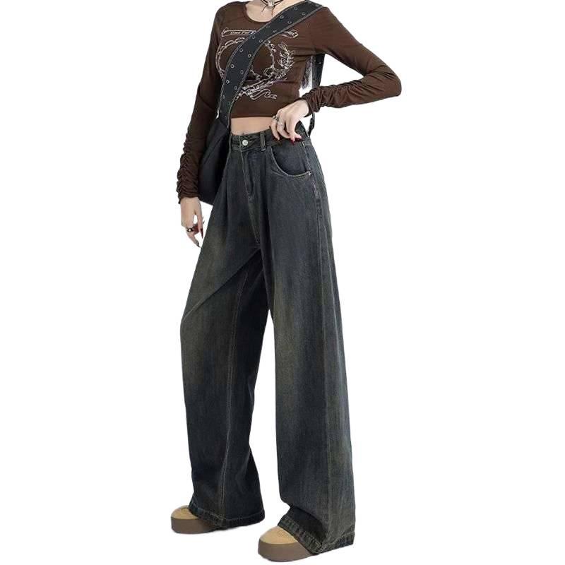 Women's Cement Gray High-Waisted Wide-Leg Jeans - Autumn Winter Retro Style, Petite Loose Fit