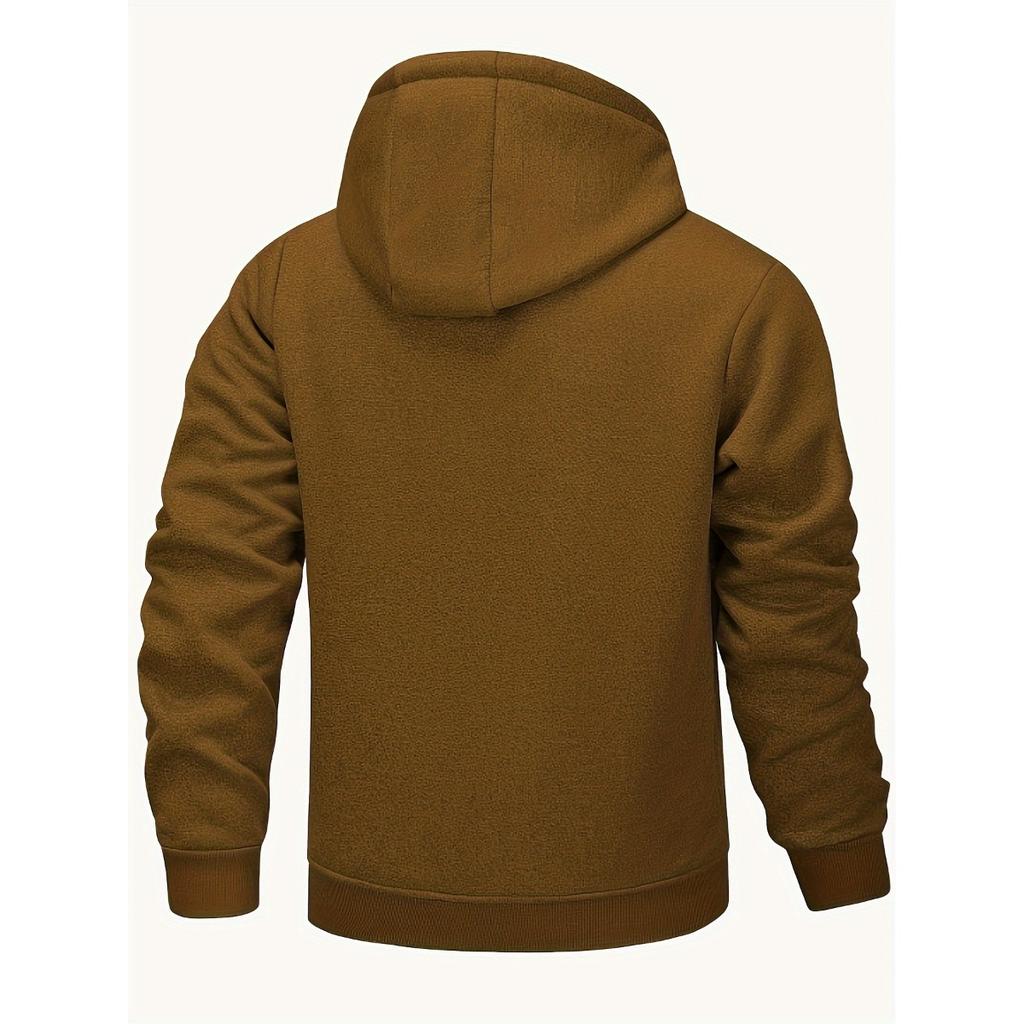 Geacă cu glugă căptușită confortabilă pentru bărbați - Casual, culoare uni albastru, cu fermoar, glugă cu șnur, buzunar cu fermoar și închidere cu nasturi în față, îmbrăcăminte cu textură moale