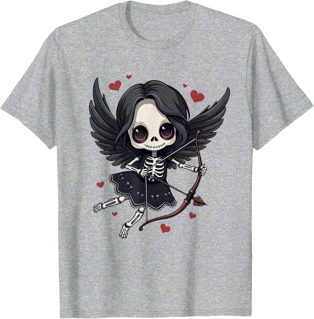 Gothic Skeleton Cupid Dark Valentine Kawaii Angel Graphic Tee Casual Cotton T-Shirt