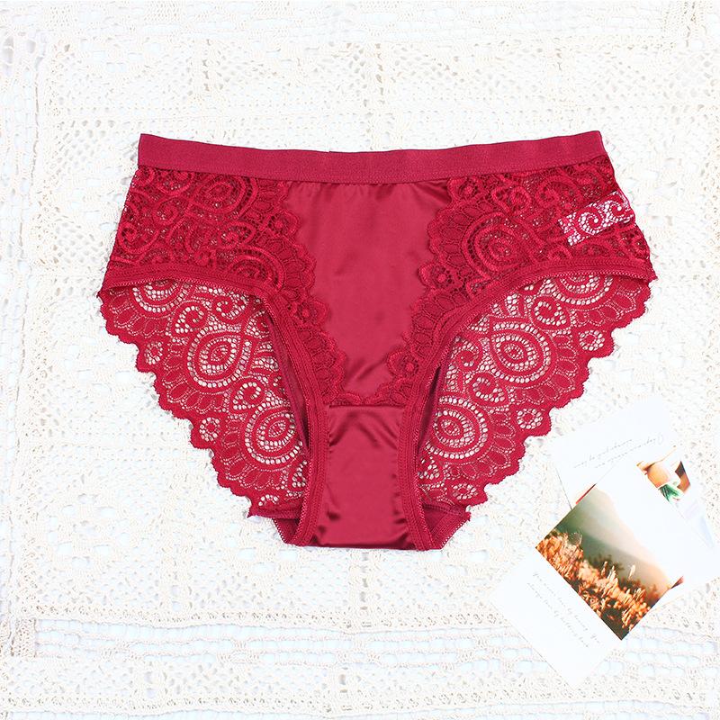 Fashionable Slip Material Mid Waist Women's Underwear Splicing Sexy Lace All Cotton Crotch Comfortable Soft Women's Triangle Pants