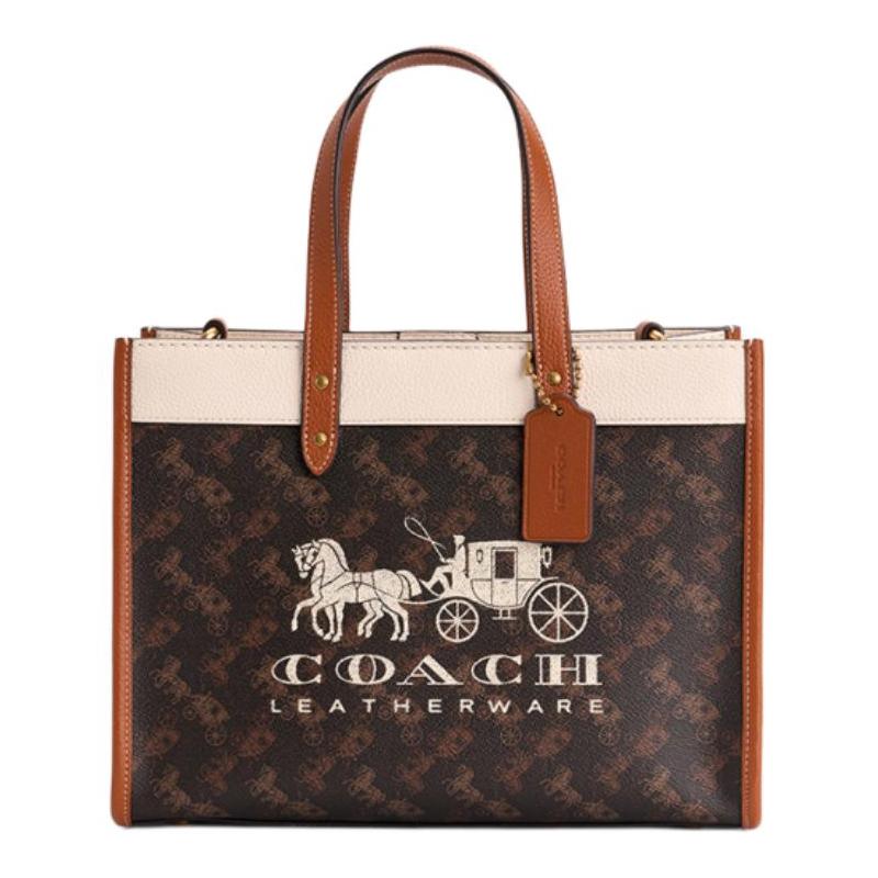 

COACH handbag Field 30 carriage pattern print, artificial leather and cowhide leather, Tote bag, shopping bag, shoulder crossbody handbag, large size коричневий
