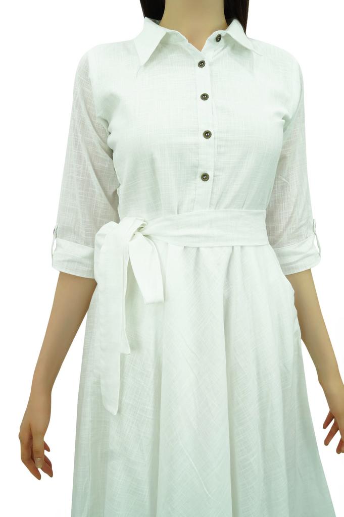 Bimba Women's 3 4 Sleeve Linen Collar Neck Solid Flared Shirt Dress with Side