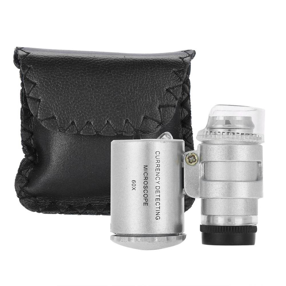 60X Magnification Pocket Microscope Adjustable Length Metal Material Mini Microscope LED Light Magnifier Loupe Lab Accessories