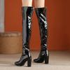 Bottes hautes sexy au-dessus du genou pour femmes, bout pointu, fermeture éclair, talon carré, talon haut, chaussures pour dames, automne hiver, bottes chunky, grande taille