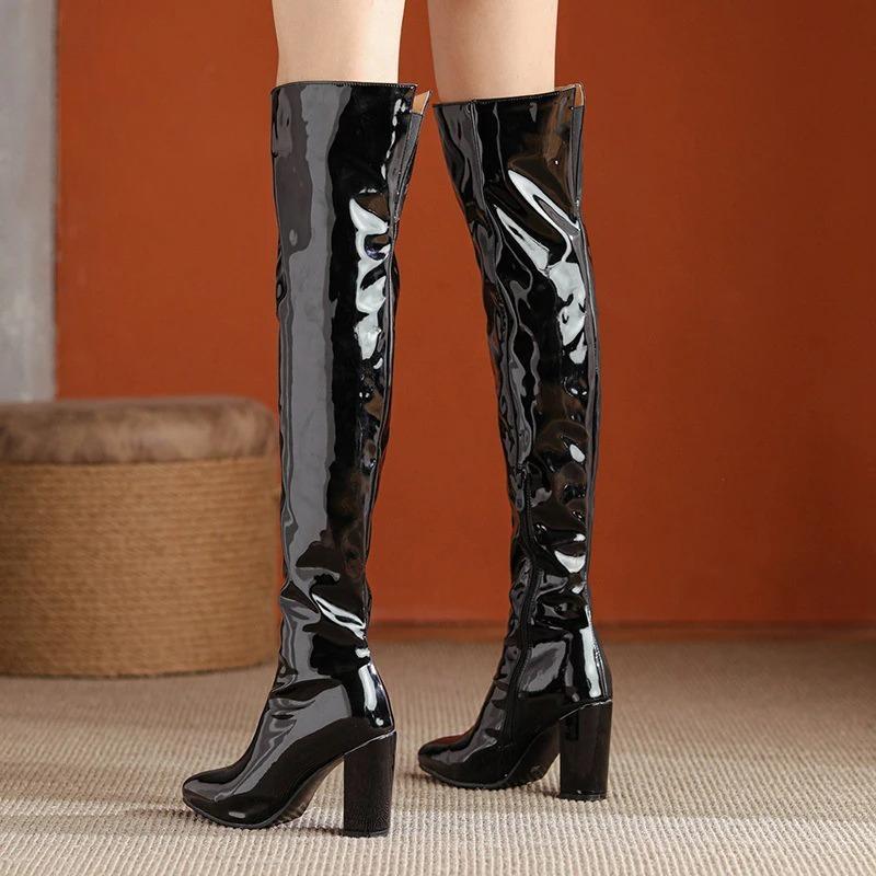Bottes hautes sexy au-dessus du genou pour femmes, bout pointu, fermeture éclair, talon carré, talon haut, chaussures pour dames, automne hiver, bottes chunky, grande taille