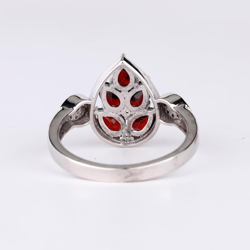 Garnet Floral Cluster Ring, 925 Sterling Silver, White Topaz Accents, January Birthstone