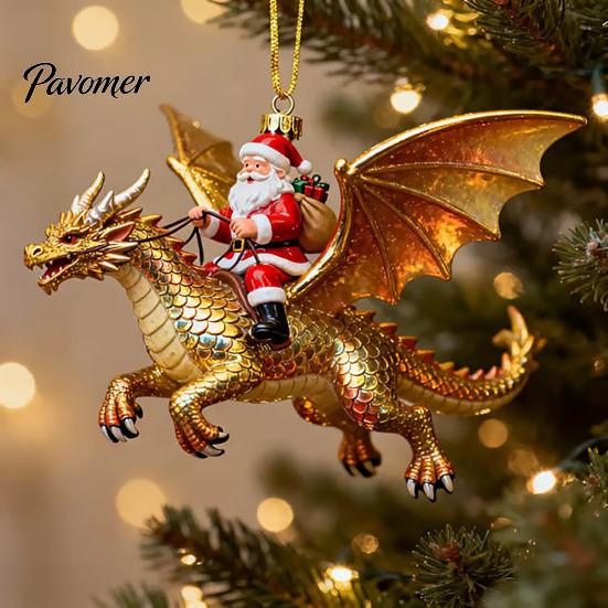 Fantasy Style Ornament Santa Claus Dragon Rider Christmas Ornament, 2D Acrylic Red Themed Hanging with Flying Tree Decorations for Home Parties Decor