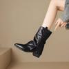 Fashion Vintage Pointed Toe Mid Calf Western Boots Women Low Heel Riding Botas Sexy Pleated Silp On Spring Autumn Short Botines Shoes