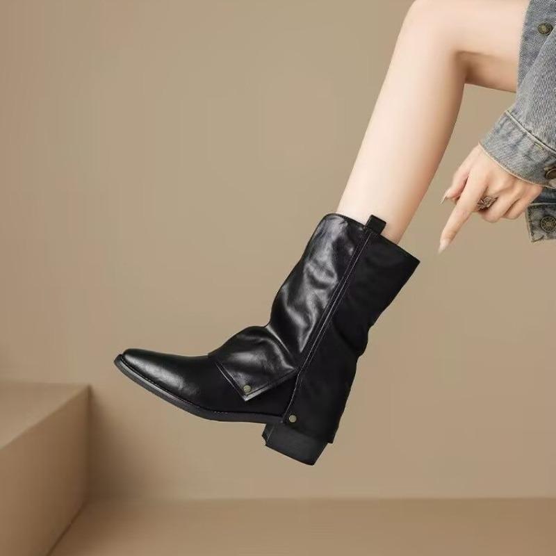 Fashion Vintage Pointed Toe Mid Calf Western Boots Women Low Heel Riding Botas Sexy Pleated Silp On Spring Autumn Short Botines Shoes