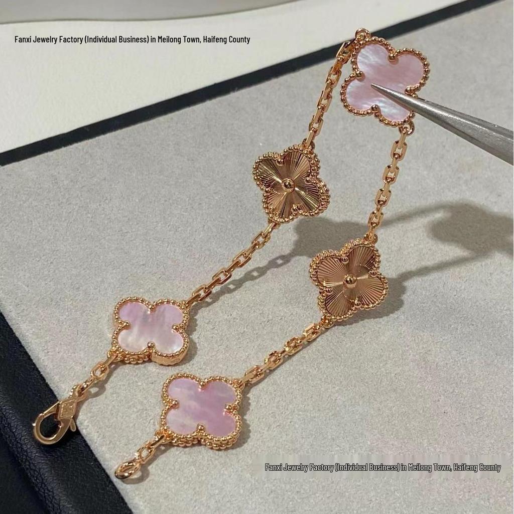 Glücksklee Rosa Perlmuttblumen Armband, Leichter Luxus Vielseitiger Handschmuck