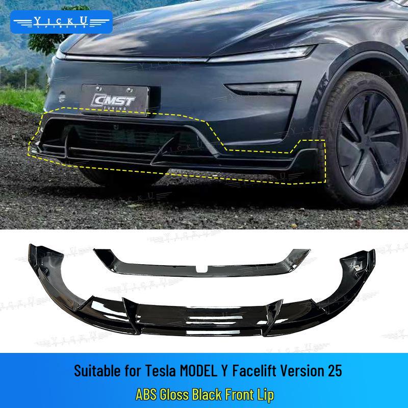Gloss Black Front Lip & Side Skirts with Lights for 2025 Tesla Model Y Facelift, Includes Rear Lip, Front Splitter & Rear Diffuser.