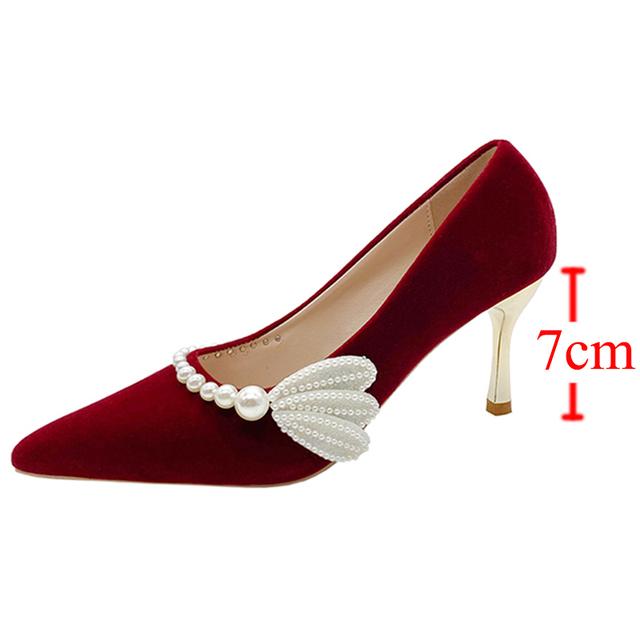 

Элегантные свадебные туфли на тонком каблуке с крыльями, женские туфли на высоком каблуке с острым носком и жемчугом, женские модные дизайнерские туфли-лодочки с завязками и бусинами 40
