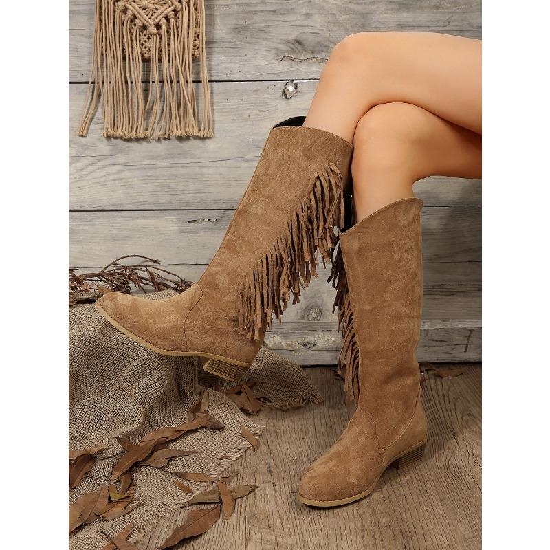 Plus Size Women's New Arrival Suede Knee-High Fringe Boots Pointed Toe Low Heel Versatile Long Boots Rider Boots