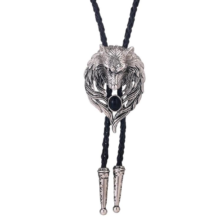 Mens American Bolo Tie Vintage Western Metal Wolf Head Stone Cowboy Necklace