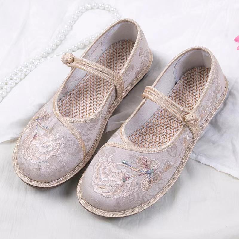 

Embroidered Women Flat Shoes Ethnic Soft Sole Chinese Ladies Casual Walking Shoes 41 бежевий