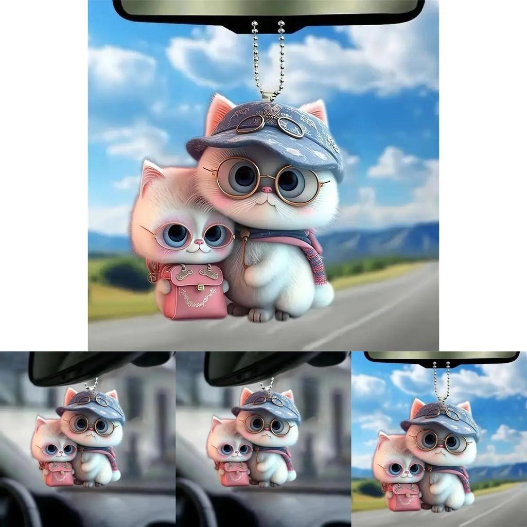 Acrylic Flat Surface Couple Cat Car Pendant With Hat Cute Decor For Auto Interior Enthusiasts