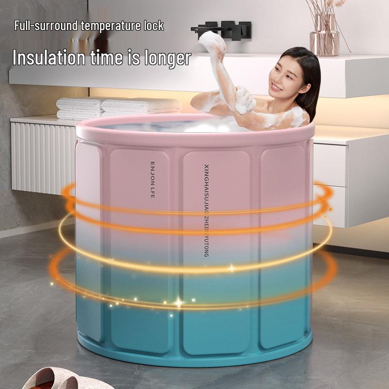 Folding Insulated Adult Soaking Tub - Anti-Rollover, Cotton-Padded, Large Size (Blue/Pink)