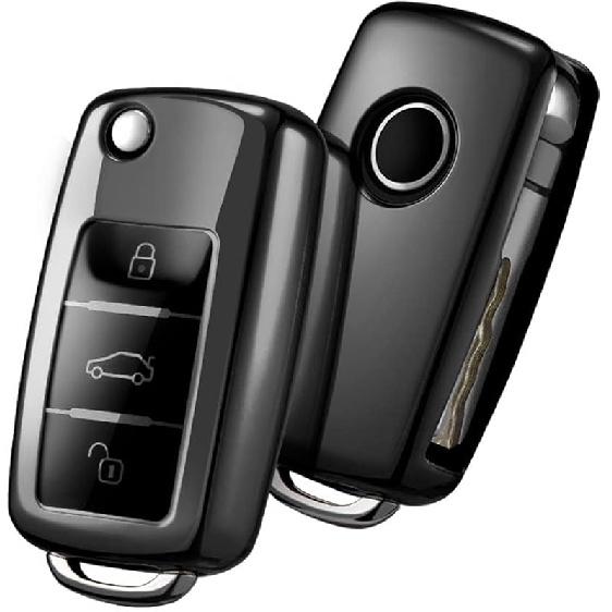 ELOHEI for VW Key Fob Cover, Premium Soft TPU 361 Degree Full Protection for VW Volkswagen Jetta Beetle Tiguan Passat Golf MK6 Polo 3 Buttons(Leather