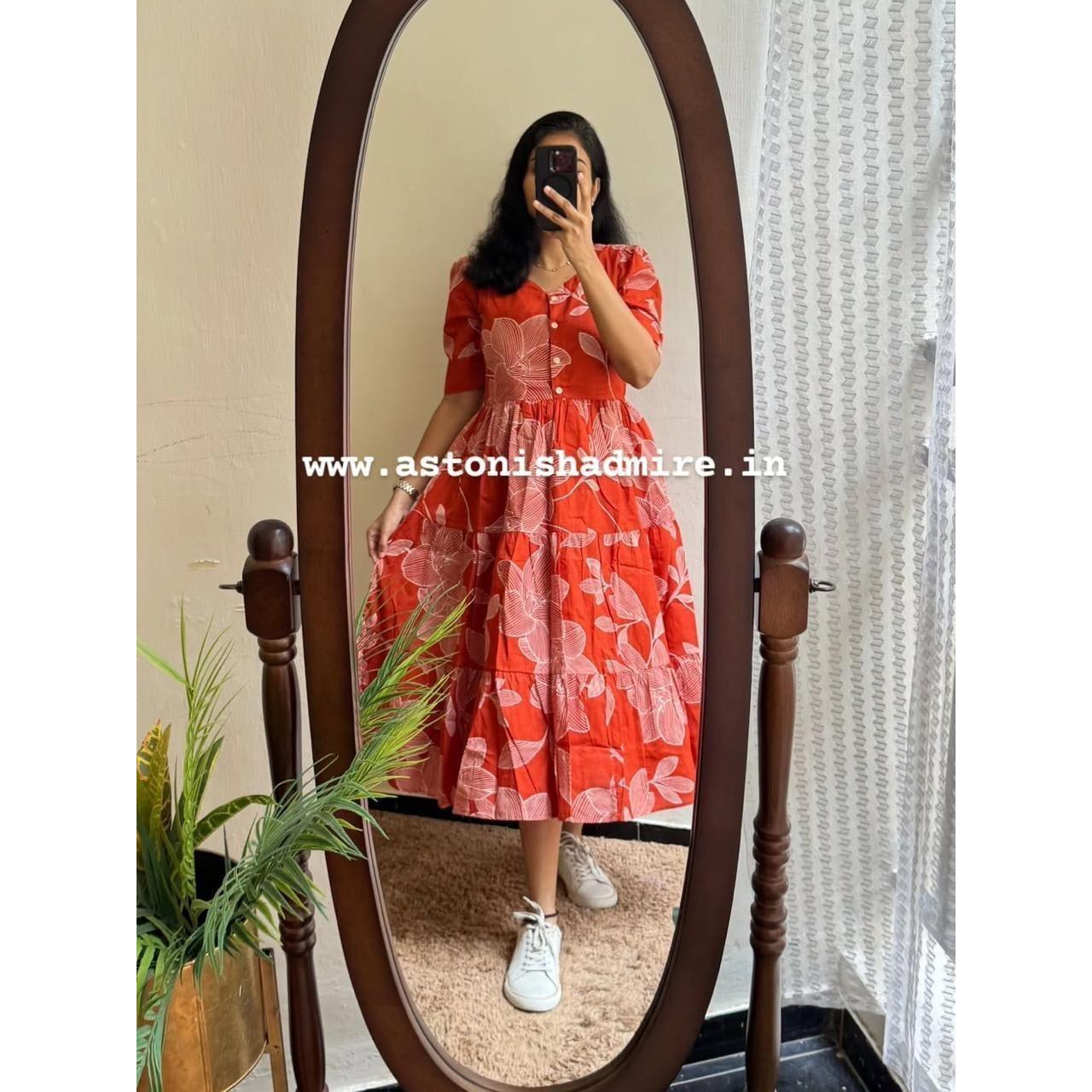 Beautiful Red Floral Printed Midi Gown Dress Indian Bollywood Ethnic Kurta Set M-38