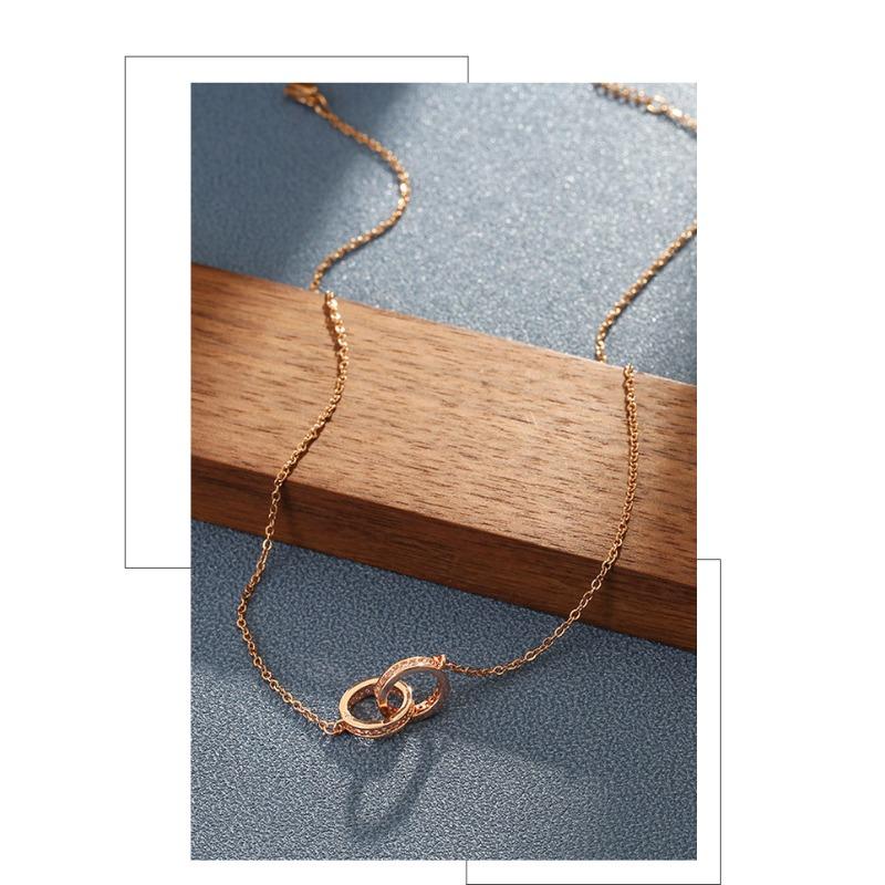 Korean Style Double Ring Full Diamond Titanium Steel Necklace Women Clavicle Chain