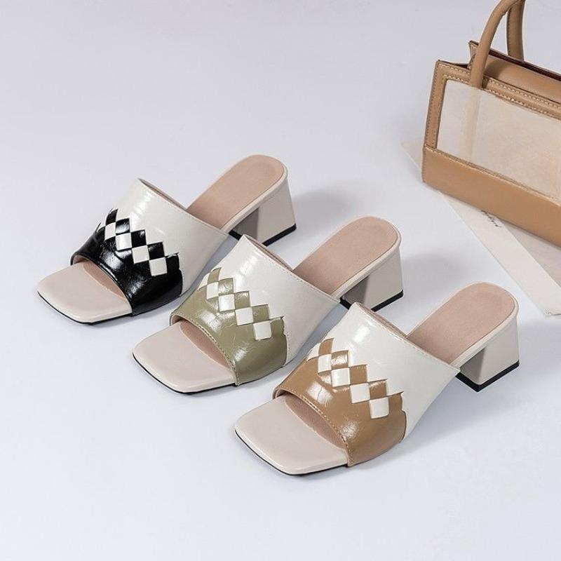 Summer Cool Drag Women Wear Color Block Square Toe Open Toe Non-slip Wear-resistant Block Heel Slip Slippers
