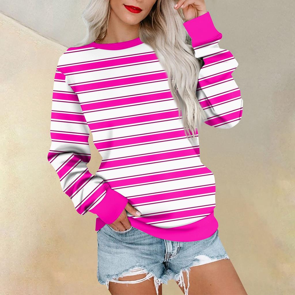 Long Sleeve Sweatshirt For Women Stripe Print Graphic Tees Blouses Casual Plus Size Basic Tops Pullover
