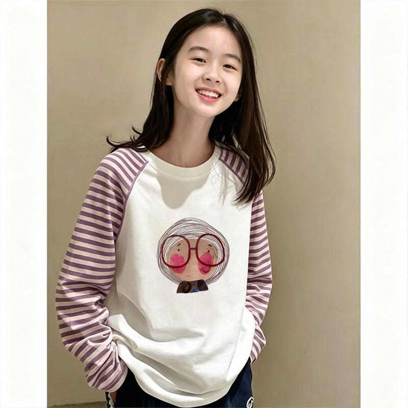 Girls' Korean Style Patchwork Striped Long-Sleeve T-Shirt—Trendy Color Block Base Layer for Spring and Autumn