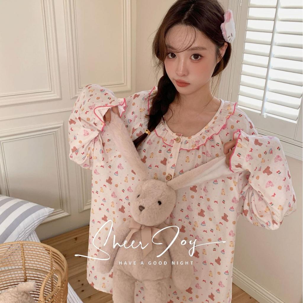 Autumn new cotton cardigan lace round neck bright girl series long sleeves trousers homewear women's cute pet paradise