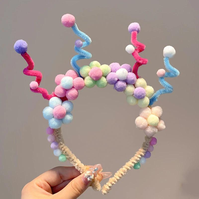 Cute Rainbow Balls Flower Hair Bands Princess Headband Sweet Plush Head Hoop Baby Girls Headwear Accessories