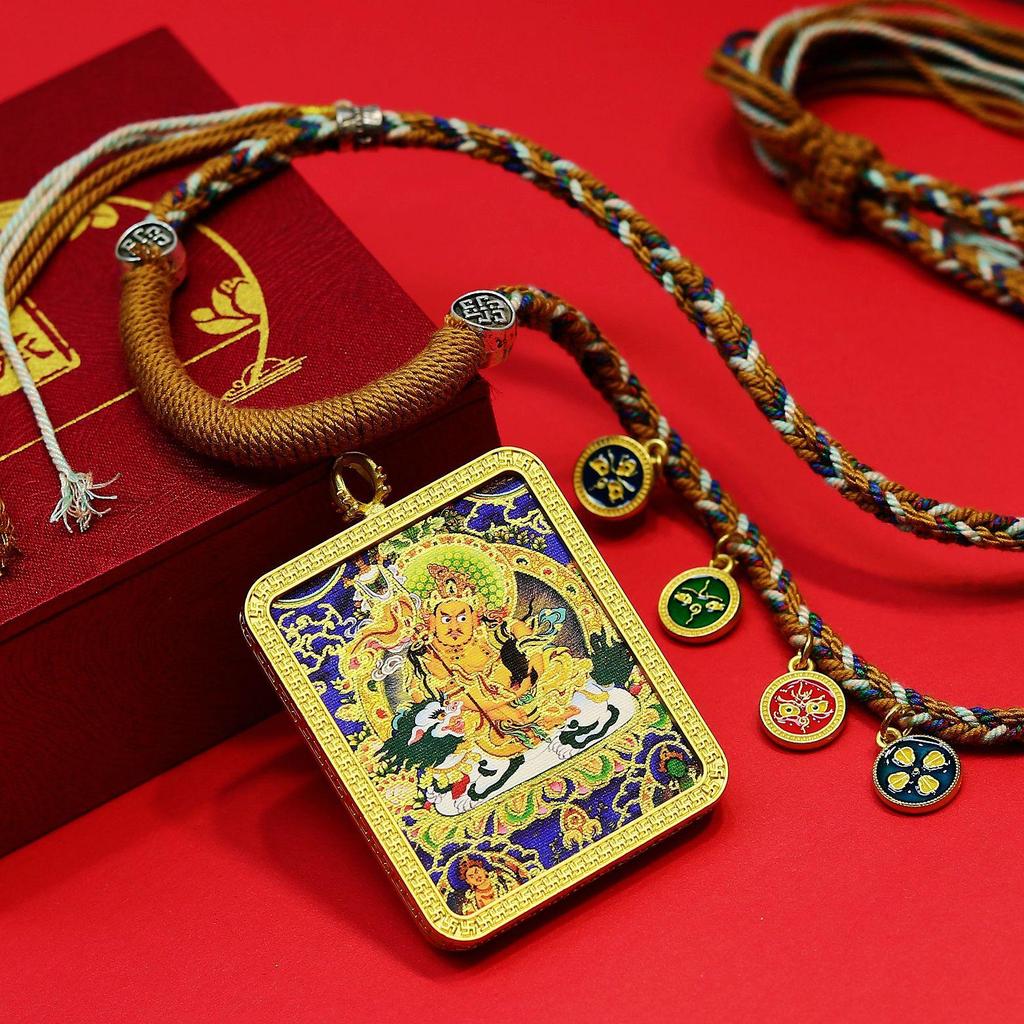 Yellow Jambhala Tibetan Thangka Gold Pendant Necklace with Fashionable Rope for Attracting Wealth