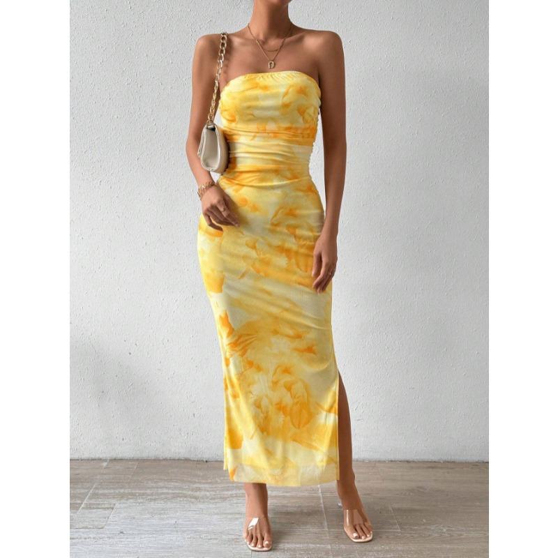 Elegant Printed Strapless Hip Hugging Long Dress Summer 2026 Sleeveless Slit High Waist Slim Fit A-line Holiday Party Dress Sweet Casual Clothing