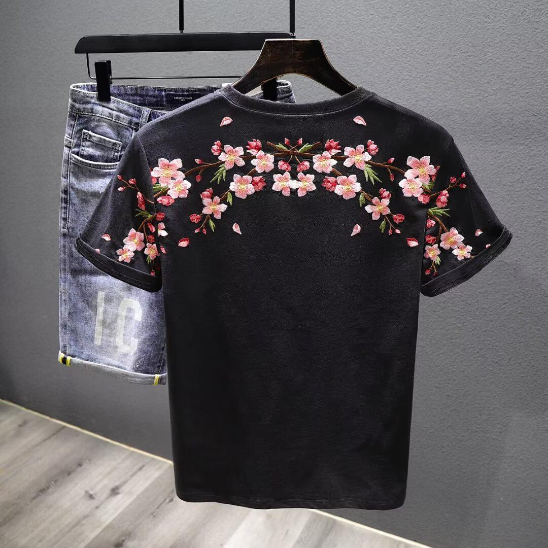 

Футболка унисекс с вышивкой «Цветок сливы» весна/лето 2024 года — короткий рукав 4XL чёрный