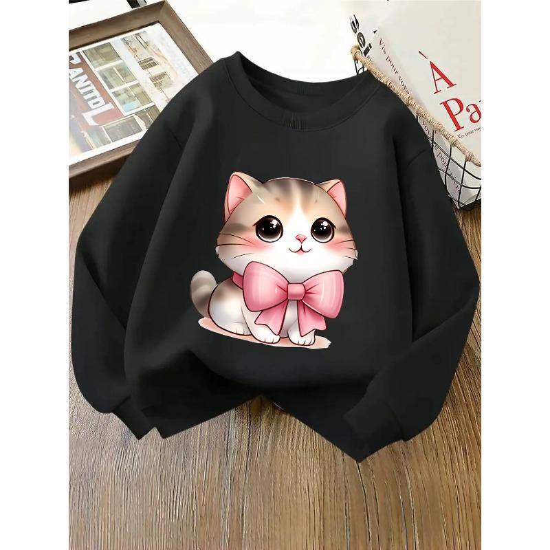 European sizes Crewneck Sweatshirt for Kids Featuring an Adorable Cat with a Pink Bow.Perfect for Sports And Casual Outings. Soft And Comfy