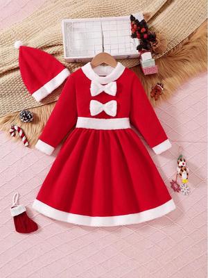 Red Girls' Christmas Dress with 3D Bow, Cute Round Neck, Long Festival Performance Costume