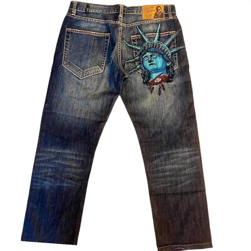 Vintage Statue of Liberty Diamonds Jeans Casual Denim Pants High Waist Straight Wide Leg Jeans Harajuku Y2k 2000s Women Clothing