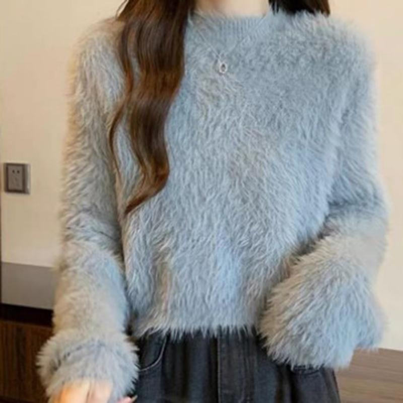 Ladies Autumn Winter Long Sleeve O Neck Pullover Solid Color Knitted Plush Blouse Sweater Top