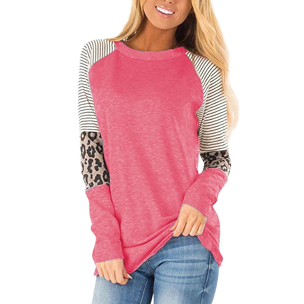 Women's And Winter Fashion Leopard Print Striped Round Neck Long Sleeve Top