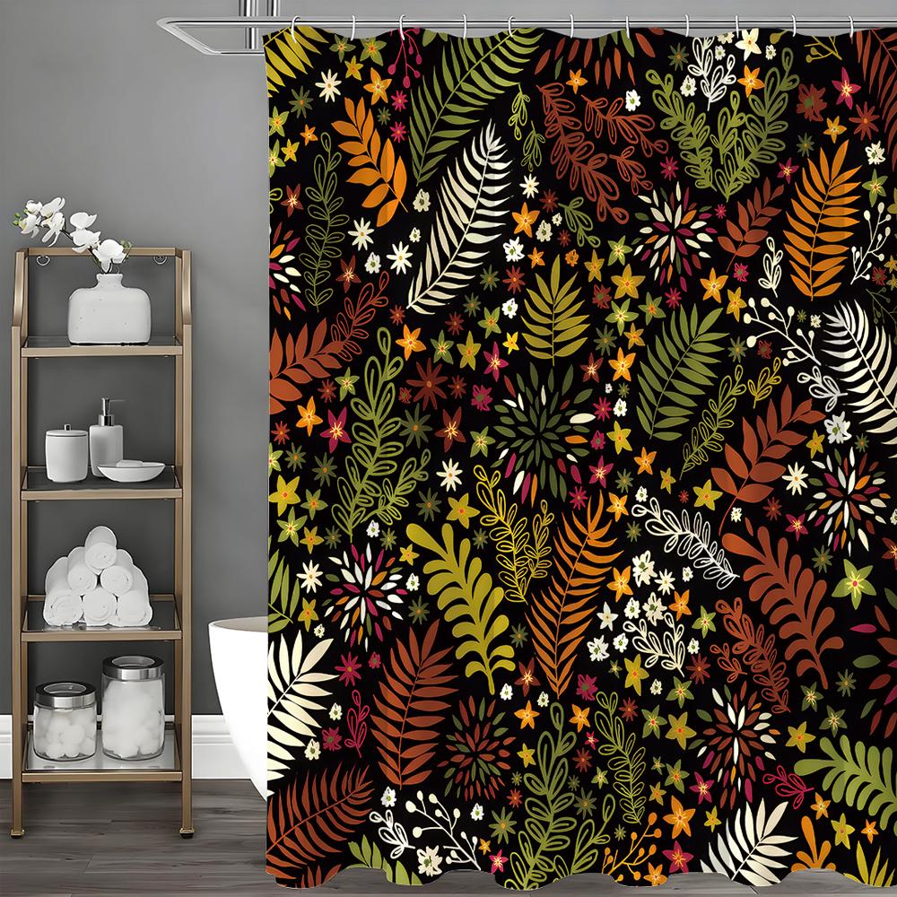 Leaf Floral Pattern Shower Curtain, Bathroom Decorative Shower Curtain, Waterproof Shower Curtain with Hooks