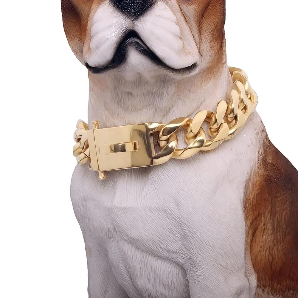 Strong Large Dogs Chain Collar 19Mm Cuban Link Chain Collar With Safety Buckle 18K Gold Stainless Steel Dog Martingale Collars