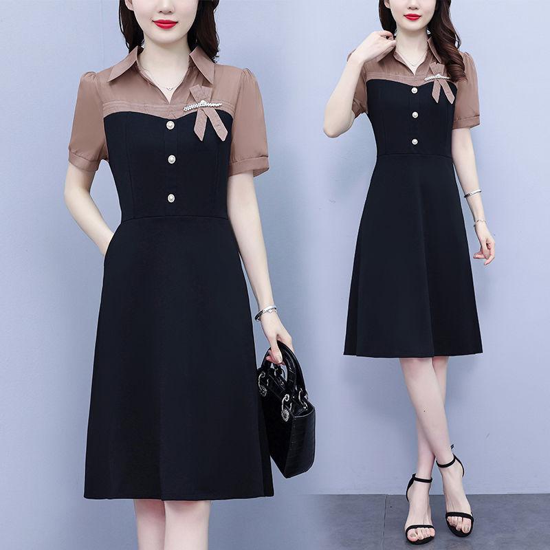 Summer Slimming Short Sleeve Dress with Pearl Splicing Youthful and Belly Covering
