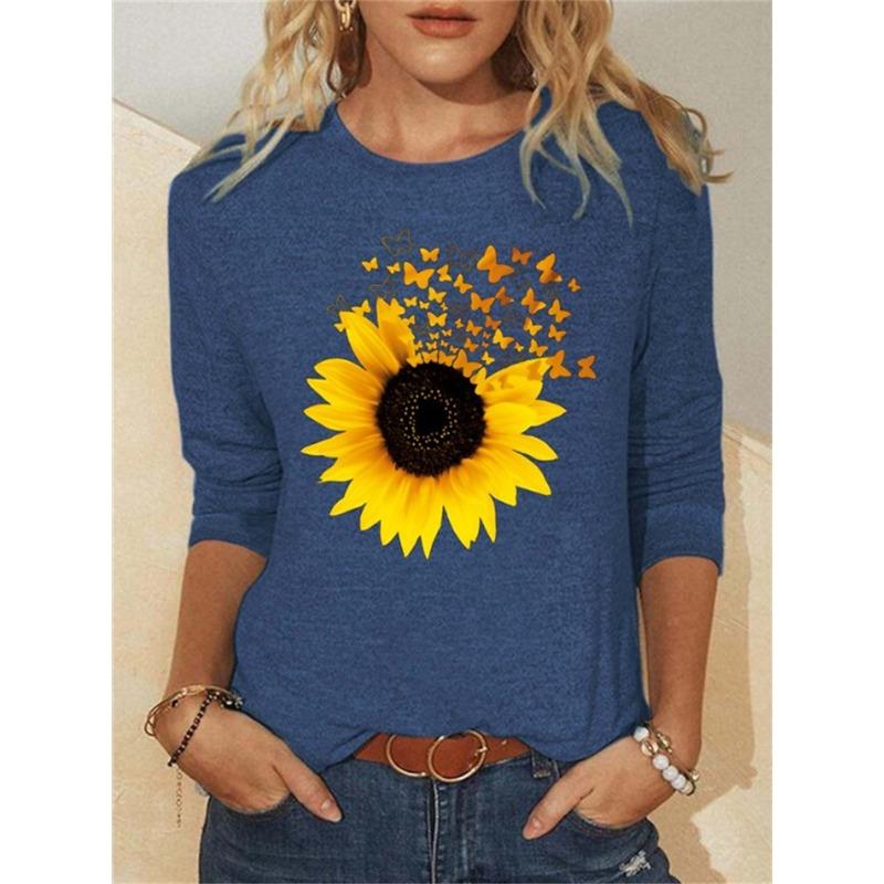 Women's T shirt Tee Butterfly Sunflower Black Blue Gray Print Long Sleeve Weekend Fashion Crew Neck Regular Fit Spring & Fall
