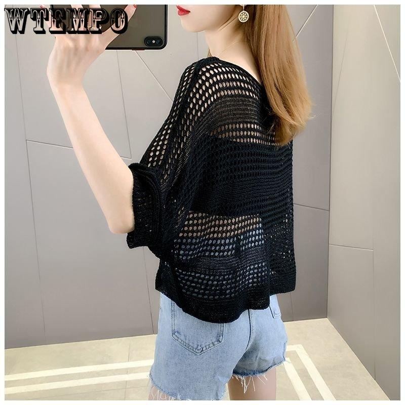 WTEMPO Summer Knitted Cardigan Women's Hollow Thin T-Shirts Loose V-Neck Short Sleeve Knitted Vests Short Tops