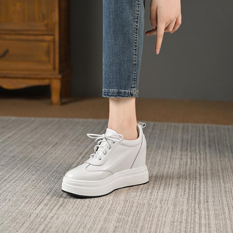 Thick-soled Wedge Heel Strap Leather Casual Shoes 2025 Spring New Muffin Sole Waterproof Table 10cm Height-increasing Single Shoes