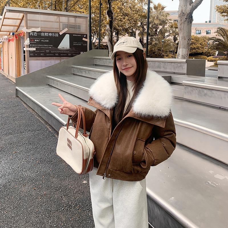 Big fur collar down cotton jacket women's winter short temperament loose small deerskin down cotton jacket