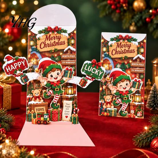 Retro Style Christmas Cards 3D Pop Up Card, Money Gift Card Holder with Handwritten Holiday Blessing Cash Slot, Hummingbird Santa Reindeer Design,
